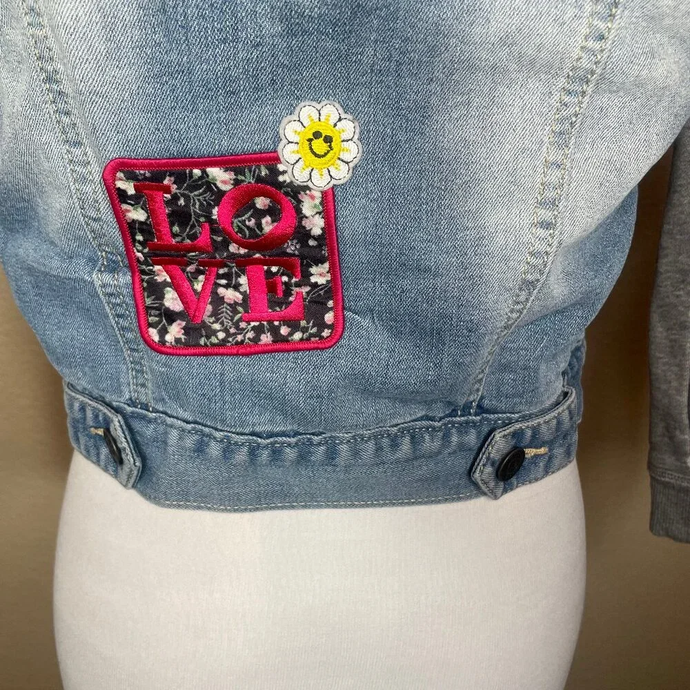 Vigoss Girls Hooded Denim Jacket Size 10 Patches Sherpa Lined Mixed Media